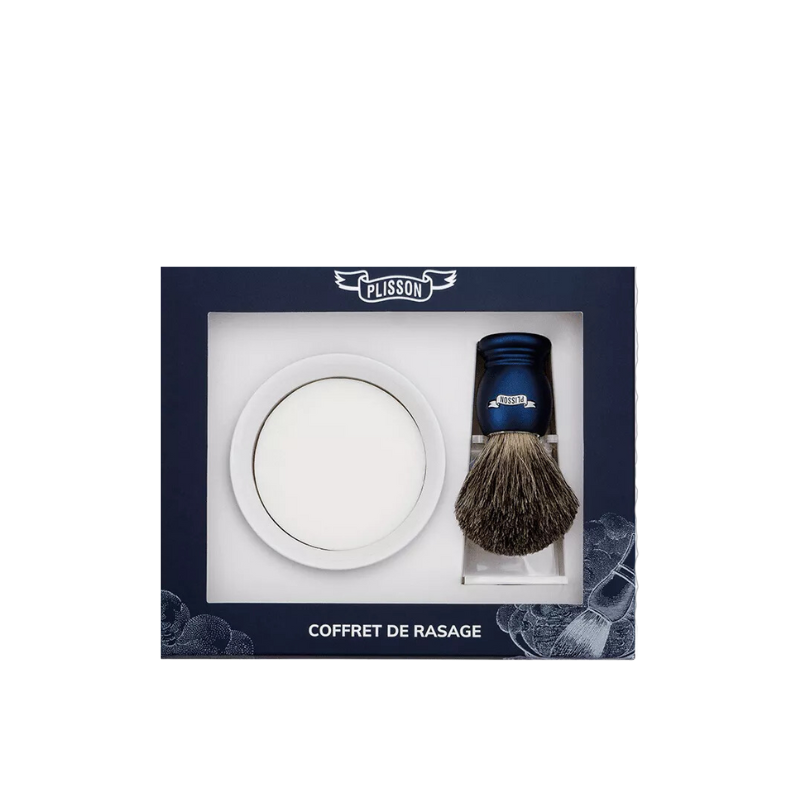 Set 3 pièces : blaireau gris de Russie, support plexiglas, bol porcelaine et savon - bleu nuit