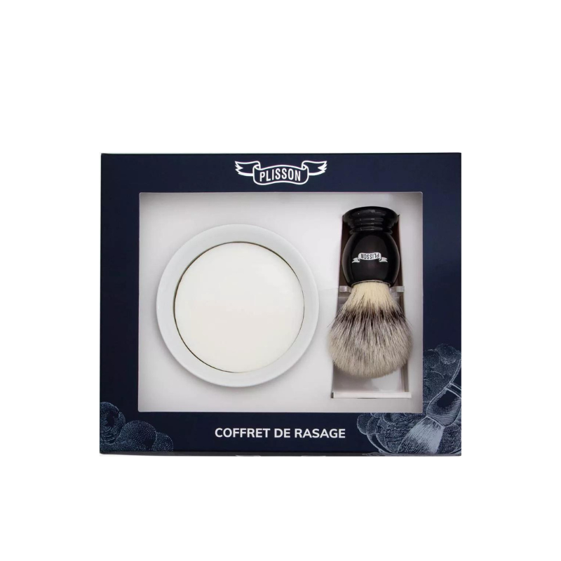 Set 3 pièces : blaireau fibre blanc haute montagne, support plexiglass, bol porcelaine et savon